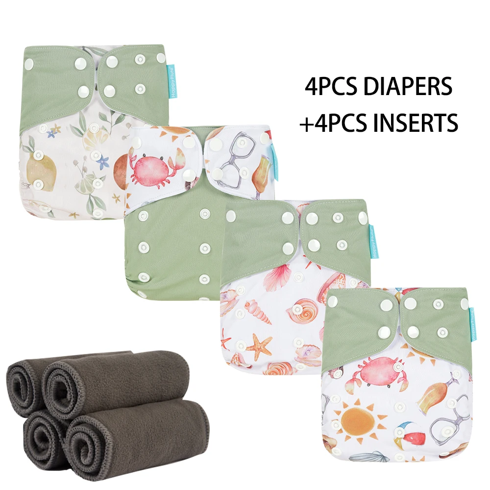 HappyFlute Baby Ecological Cloth Diapers Adjustable Washable Reusable Cloth Nappy For Baby Girls and Boys 4pcsDiaper+4pcs Insert