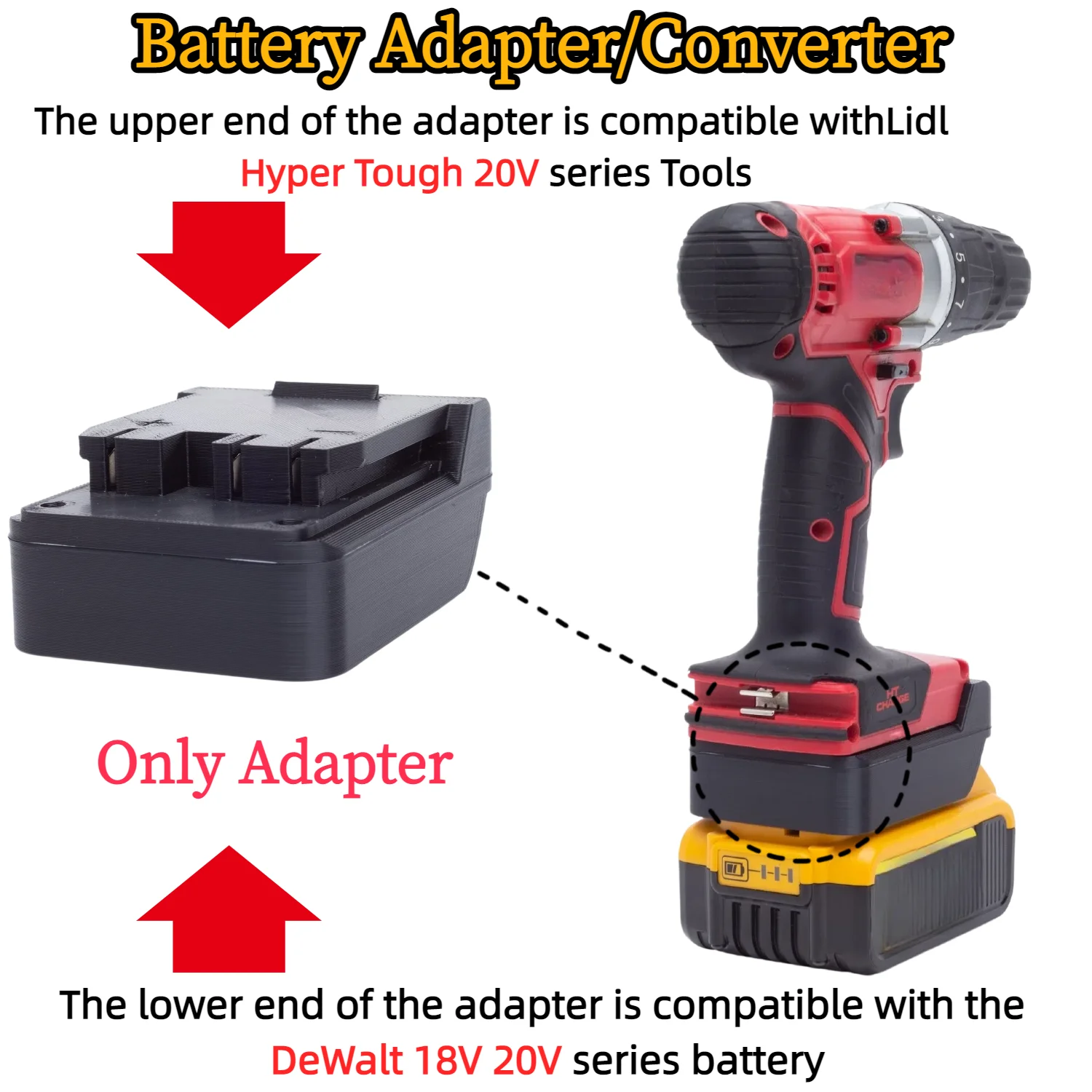 Lithium Ion Adapter/Converter for DeWalt 18V 20V Li-ion Battery TO Hyper Tough 20V Cordless Drill Tools(Only Adapter)