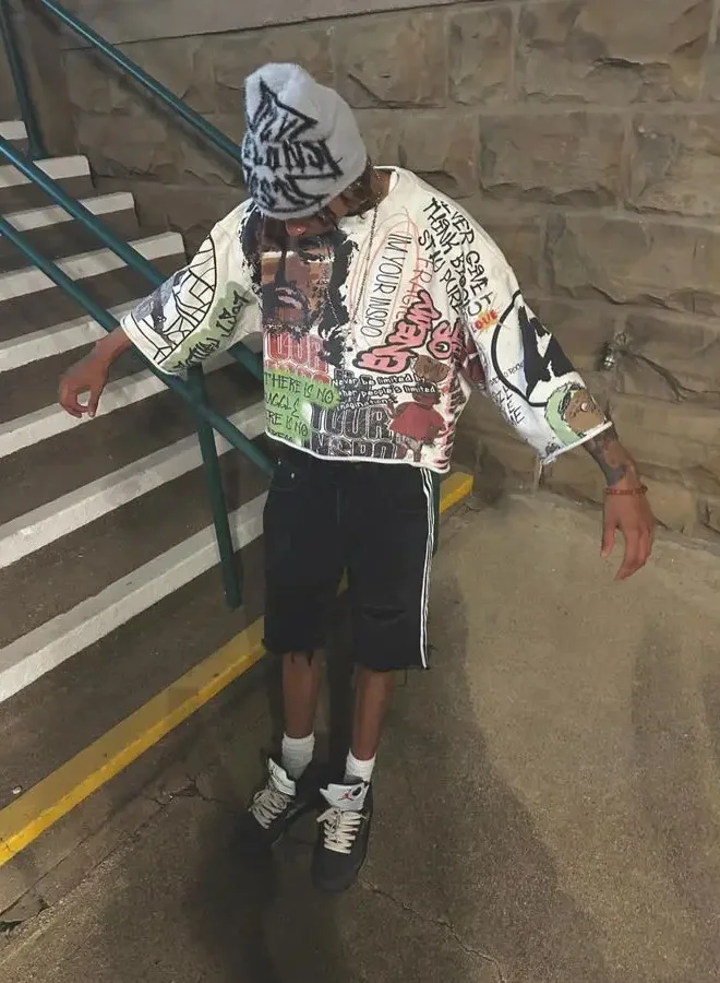 Y2K T Shirt Mid Langarm Männer Frauen Punk Hip Hop Graffiti Stil Grafik Gedruckt Übergroßen T Shirt Harajuku Lose Kurze MN5X