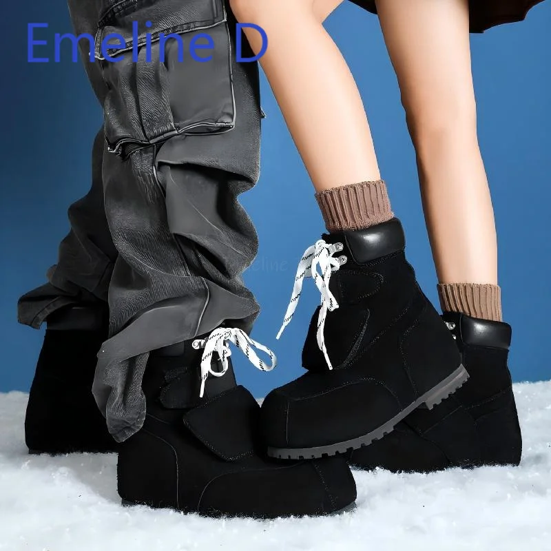

Couple Snow Boots Thick Soled Frosted High Top Boots Leather Patchwork and Lace Up Design Round Headed Warm Short Tube Ski Boots