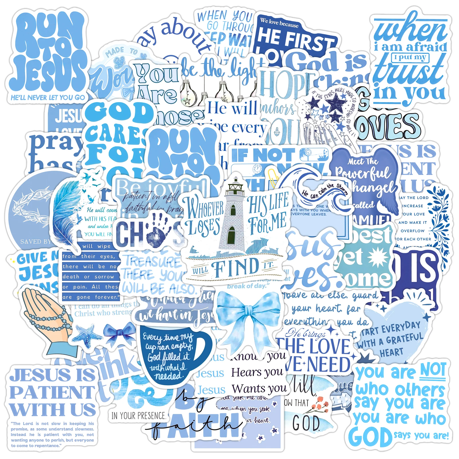 50 autocollants bleus avec citations religieuses chrétiennes de Jésus pour skateboard, valise, graffiti, bagages, DIY, décalcomanies bibliques