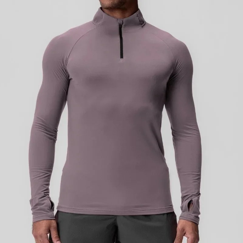 Solid Color Exercise High Elastic Compression Long-sleeved Top Sports and Fitness Tights for Men Quick-drying Semi-zipper