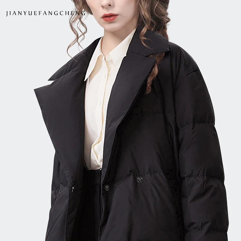 Elegant Suit Collar Women\' Suit Collar Black Down Jacket Warm Thick Winter Coat Mid-Length Loose Plus Size Casual Office Jackets