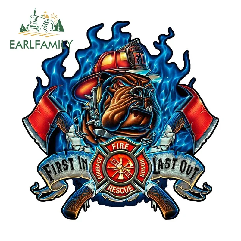 EARLFAMILY 13cm x 13cm Firefighter Bulldog Flame Car Sticker Fire Rescue Decal First In Last Out Vinyl Window Bumper Stickers