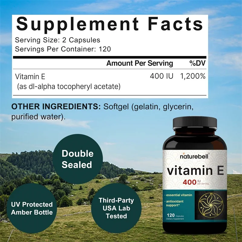 Vitamin E Capsules - Supports Skin, Cardiovascular Health, Boosts Immunity, Promotes Skin, Hair, Nails, and Eye Health