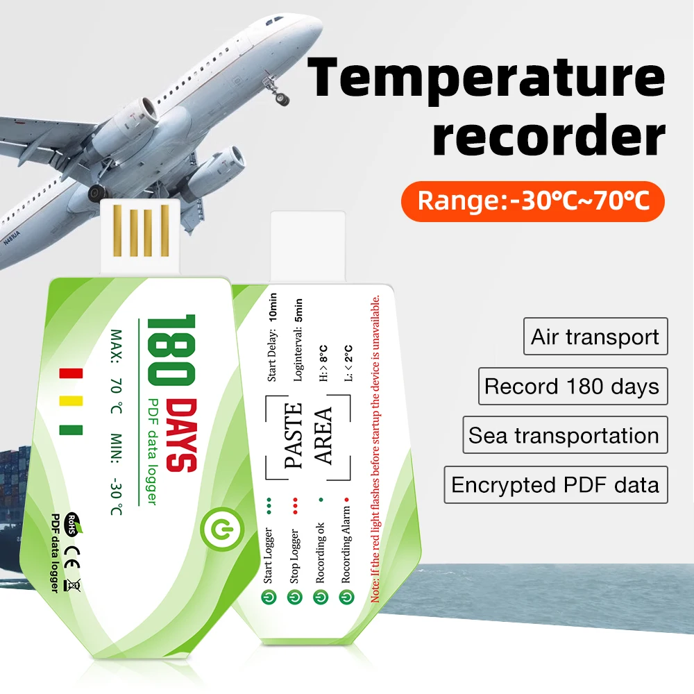 180 Days Temperature Data Logger -30~70°C USB PDF Data Logger 60000 Records Disposable Temperature Recorder for Monitoring