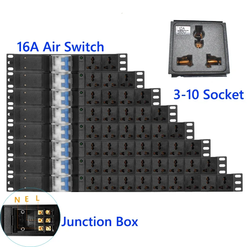 PDU power strip With junction box 2-9AC10A Universal socket  Air switch control Cabinet installation Electric Network filter