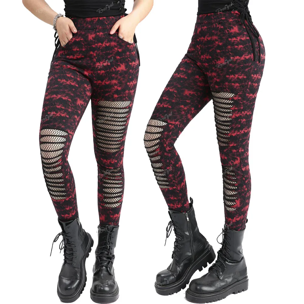 ROSEGAL celana legging wanita, celana legging kurus wanita dengan saku, celana Gothic, celana jaring robek, celup, celana pensil cetak, Bawahan kasual 3XL