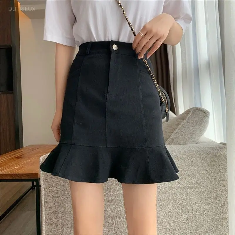 Korean Fsahion Buttons A-line Slim Short Skirts Y2k Ruffles Preppy Style All Match Casual Skirt High Street Commuter Bottoming