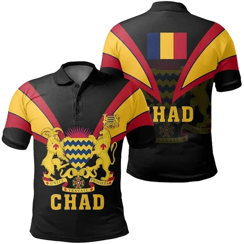 

3d Chad Tusk Polo Shirt For Men New Africa Region National Emblem Printed Sports Jersey Casual Male POLO Shirts Lapel Button Top