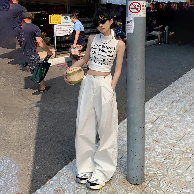 Retro High-waisted,Loose and Wide-leg Work Pants.New All-season Solid-color Adjustable Waist Casual Floor-length Pants for Women