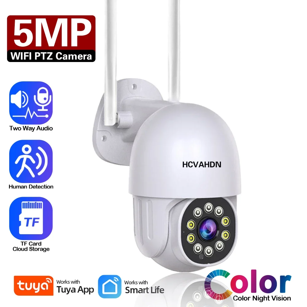 

Tuya Smart Life Wifi IP Security Camera Outdoor 5MP Color Night Vision Wireless CCTV PTZ Camera Video Surveillance 2 Way Audio