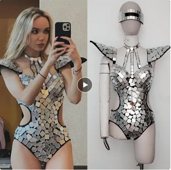 Sexy Female Mirror Sequins Fly Shoulder Hollow Out Bodysuit Dance Costume Rave Outfit Stage Performance Clothes Singer Show Wear