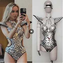 Sexy Female Mirror Sequins Fly Shoulder Hollow Out Bodysuit Dance Costume Rave Outfit Stage Performance Clothes Singer Show Wear