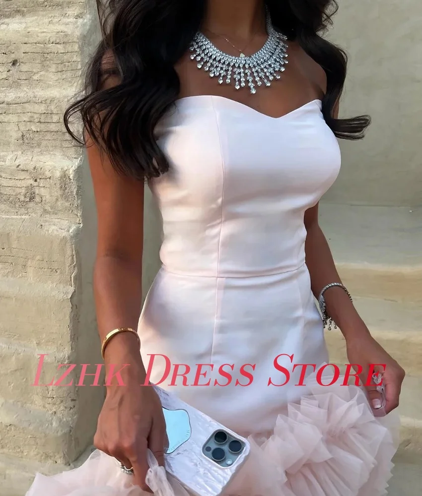 فستان سهرة مكشكش على شكل حرف A من التل رشيق مخصص عالي الجودة بدون أكمام على شكل قلب بطول الأرض فساتين شير