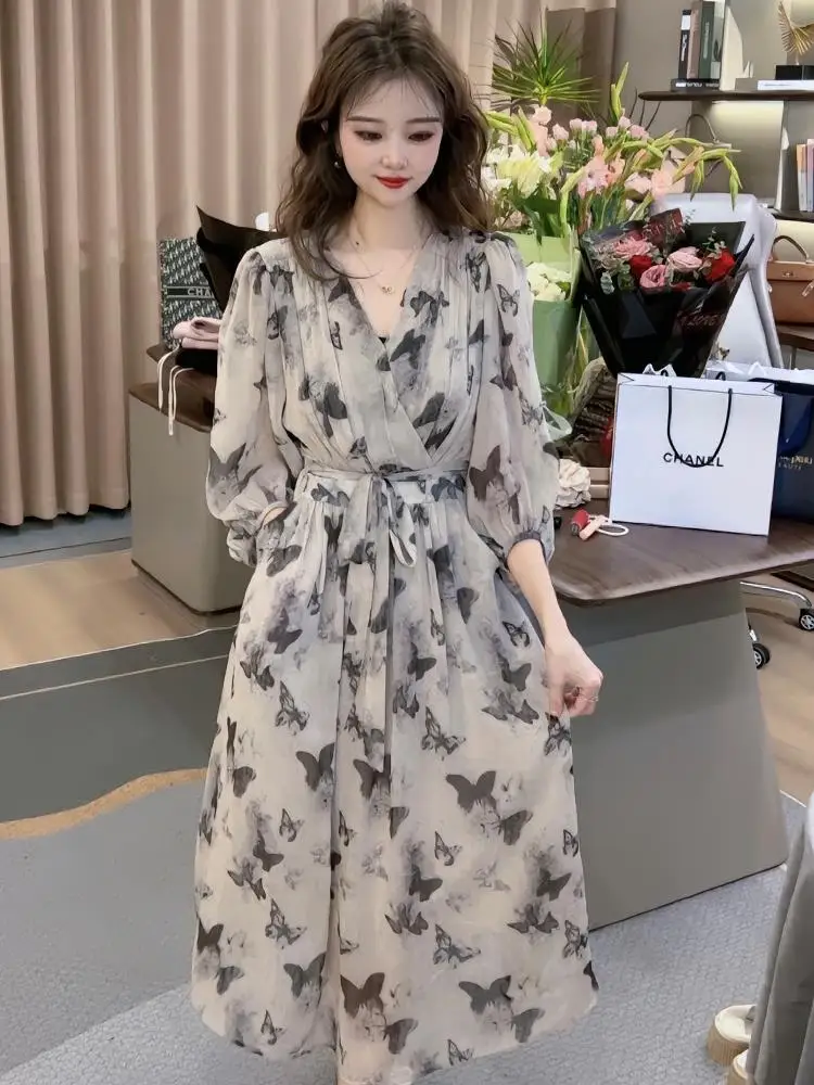 

2024 Summer New Women's Elegant Long Dress High-end Tulle Summer Ink Waist Long-sleeved dress Seaside Vacation Slimming Skirt