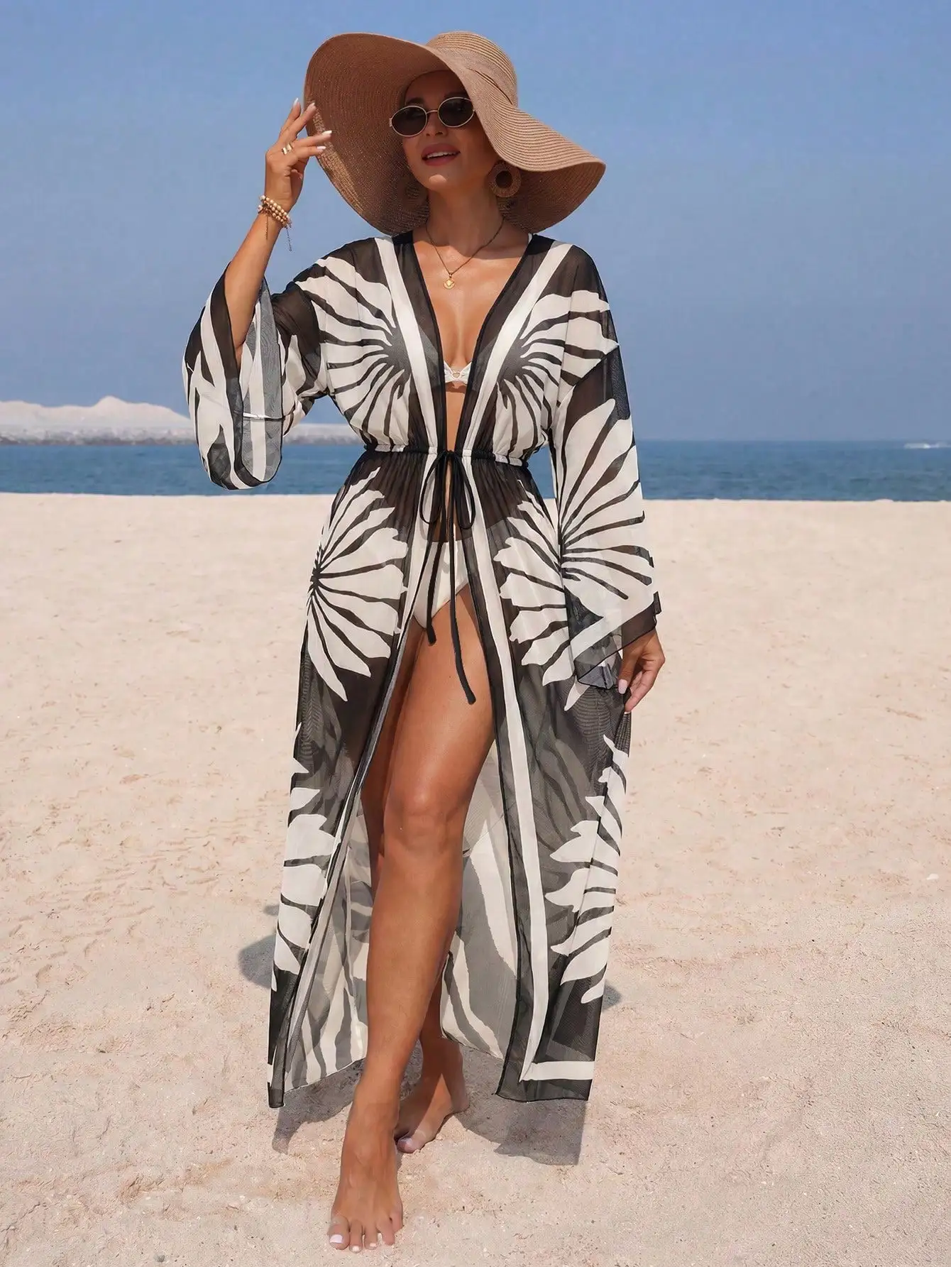 

Женский пляжный кимоно-халат из сетки с цветочным принтом, расклешенными рукавами и завязками на талии