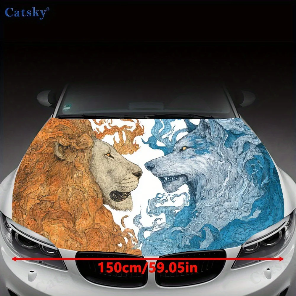 Lion & Wolf in Fire - Ice Design Car Hood Vinyl Wraps Decal, Auto Exterior Protective Sticker, Waterproof Self-adhesive Car Body