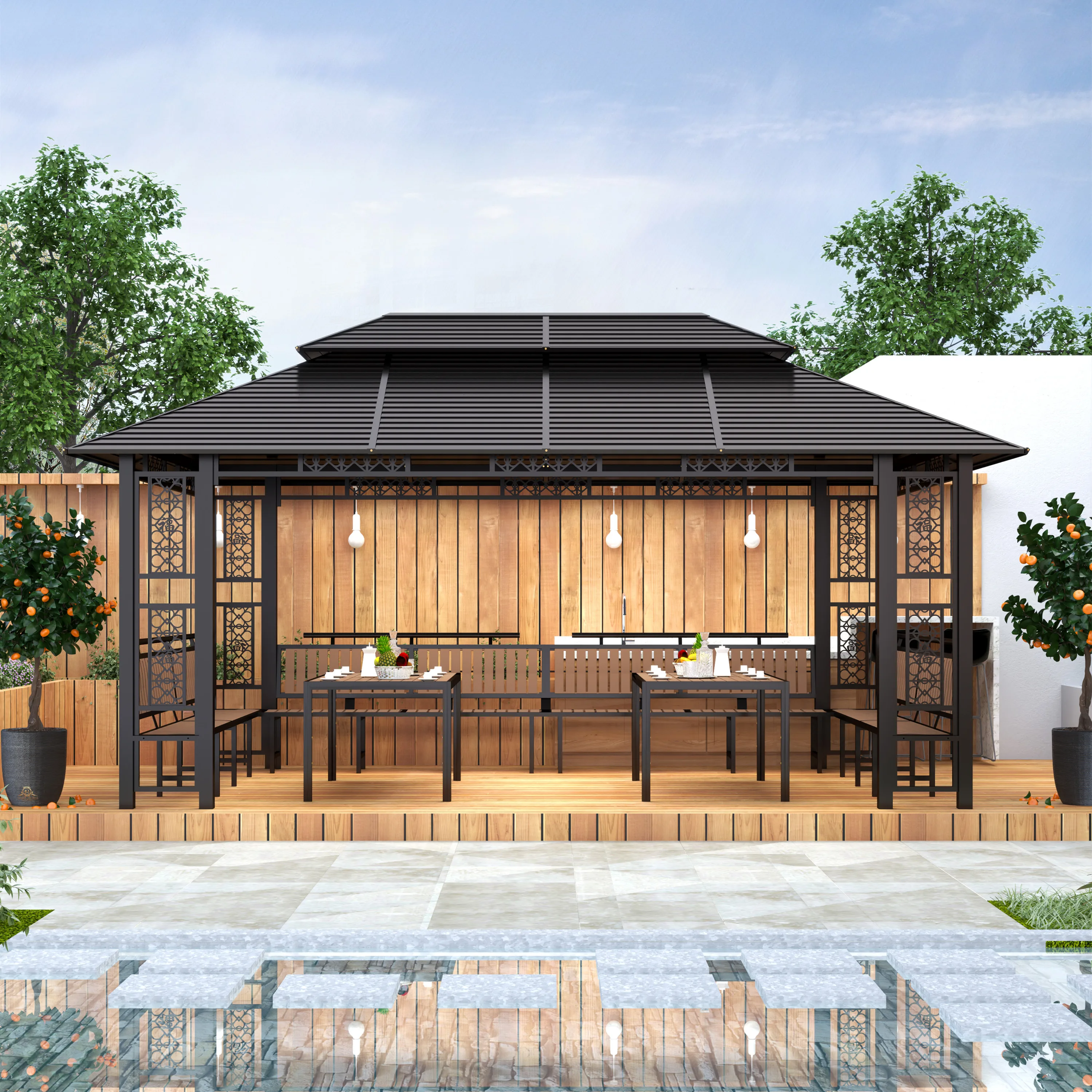 3.5x5.5m  Big Gazebos Outdoor  Pergola Pavilion Gazebo Double Hardtop Galvanized Luxury Gazebo with Table and Chairs