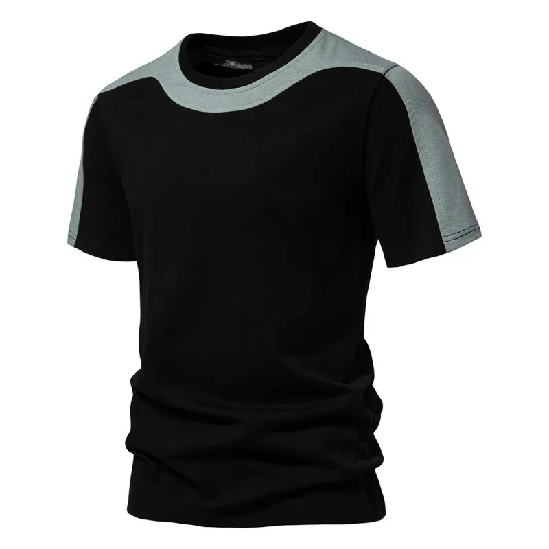 

2024 Summer New 230g Cotton Color Block Short Sleeved T-shirt Youth Sports Fashion Spliced Round Neck Top T-shirt