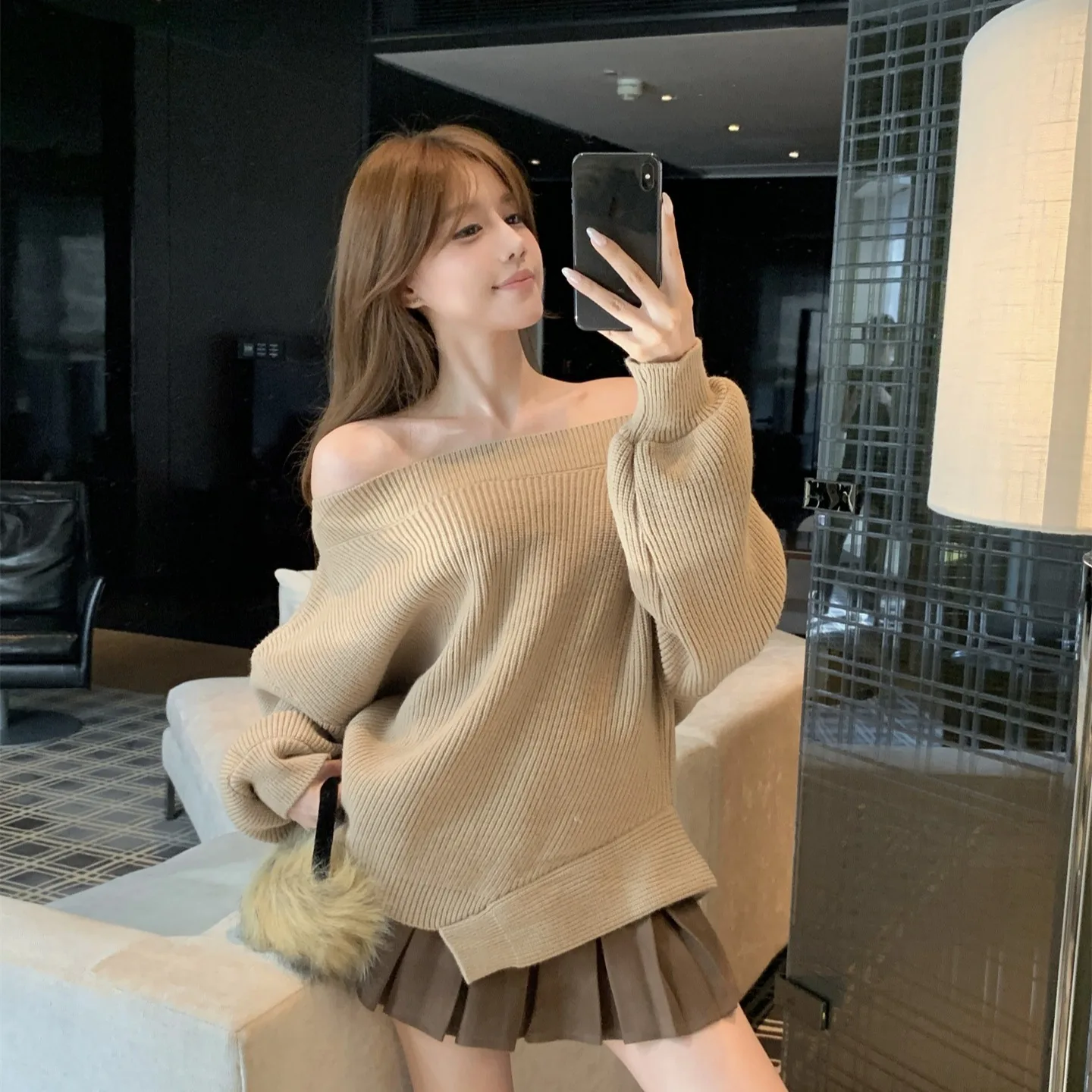 カーキ色の冬用羊毛セーター、アシンメトリーな肩、ルーズフィット、コーヒー色のプリーツスカートセット、女性用カジュアル、ツーピース...