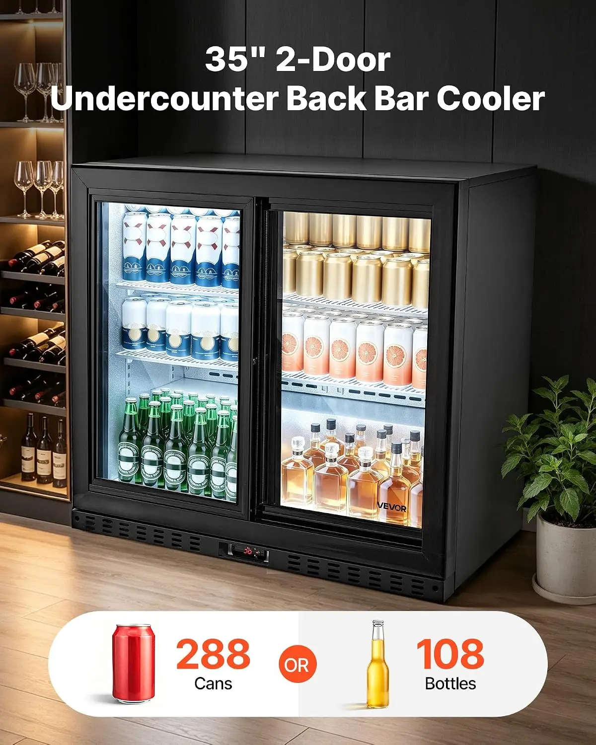 Back Bar Cooler, 7.4 Cu. Ft Commercial Beverage Refrigerator, Under Counter Bar Fridge with 2 Sliding Doors, LED Lighting, Adjus