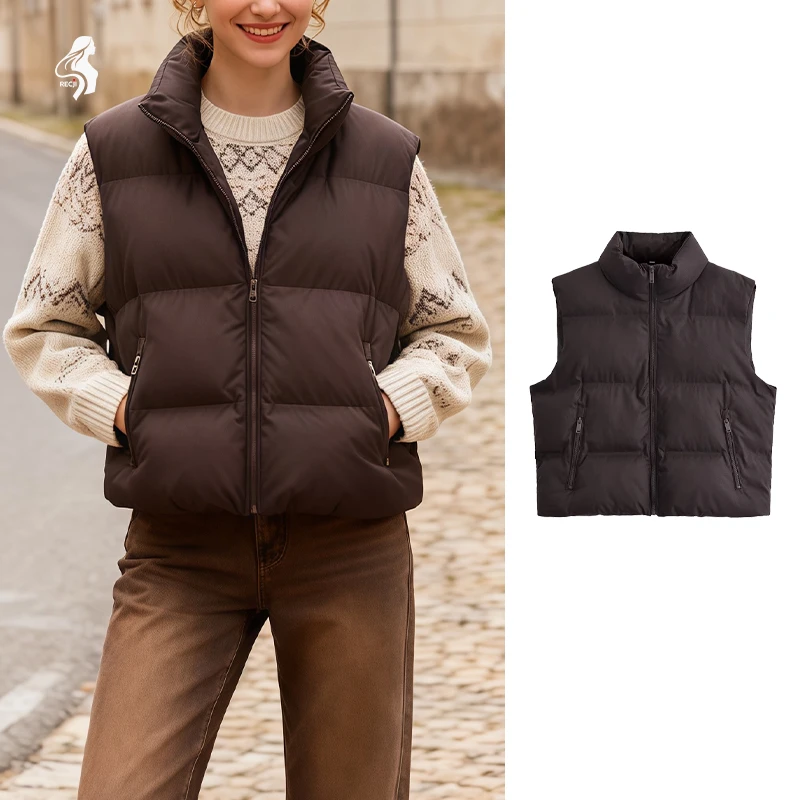 

Женский модный пушистый жилет, хлопковая куртка с воротником-стойкой, стеганый жилет без рукавов на молнии, хлопковая куртка, подходящая для повседневной носки