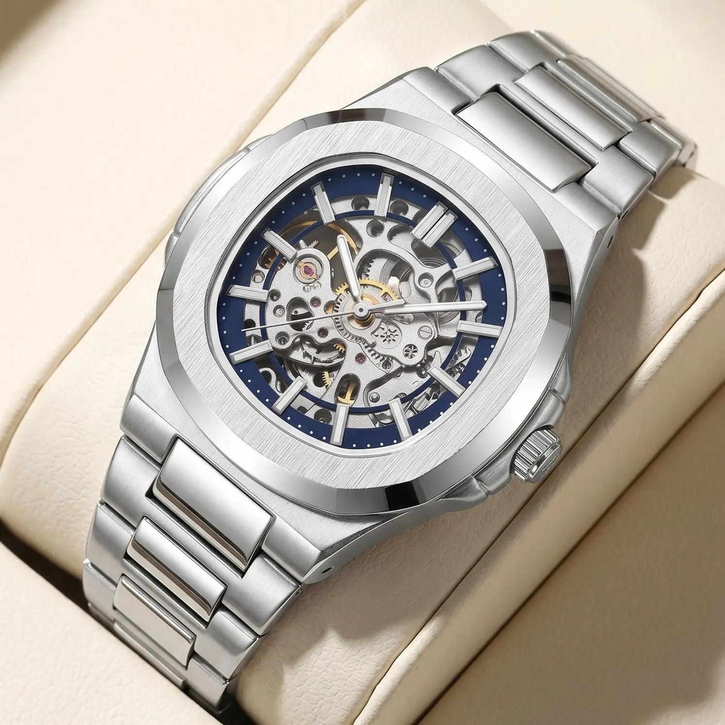 Stainless Steel Dual-Dial Skeleton Self-Wind Luminous Waterproof Men's Automatic Watch