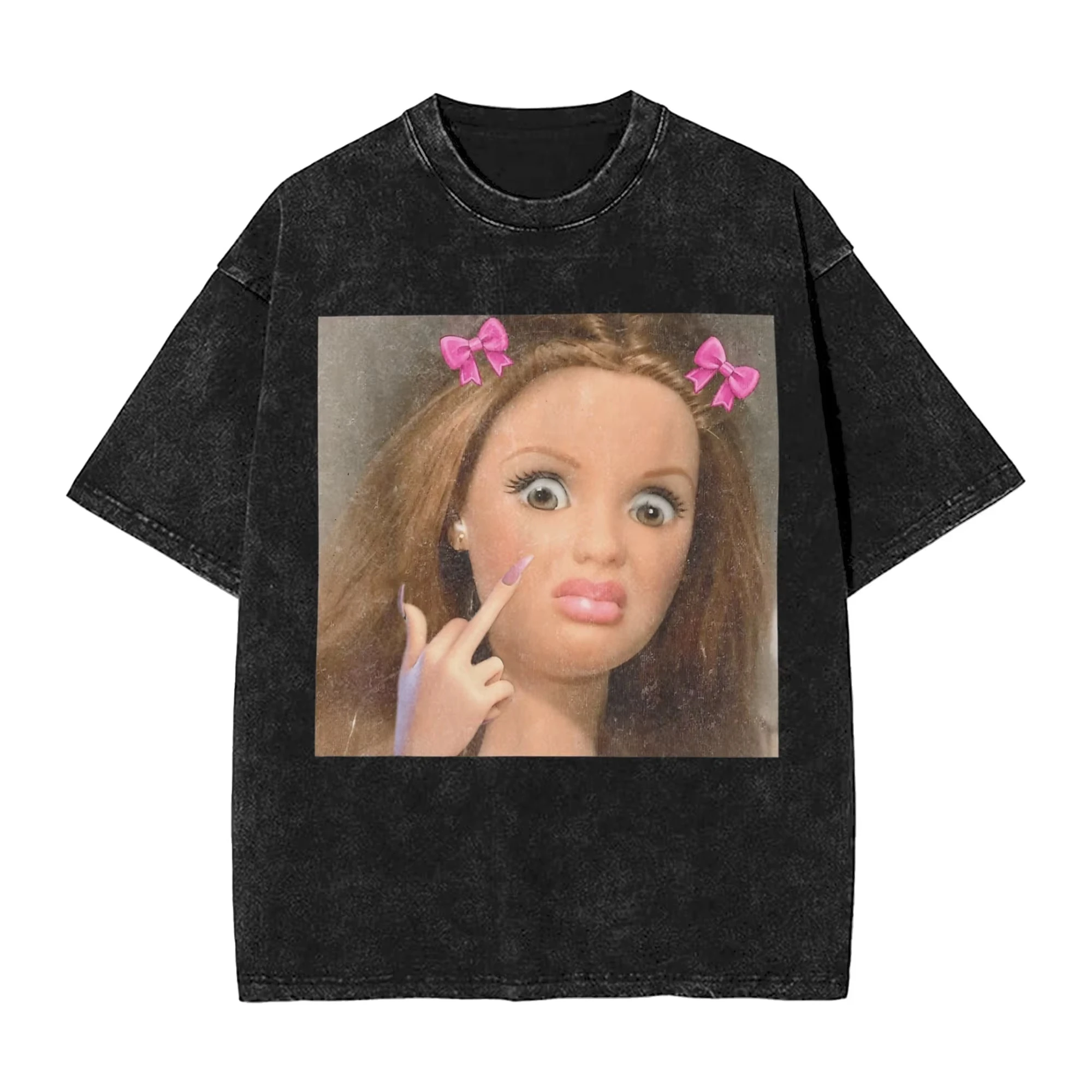 Funny Disgusted Doll Face Doll Reaction Graphic Print T-Shirt Men Women Vintage Washed Cotton Summer New Tee O-neck Short Sleeve