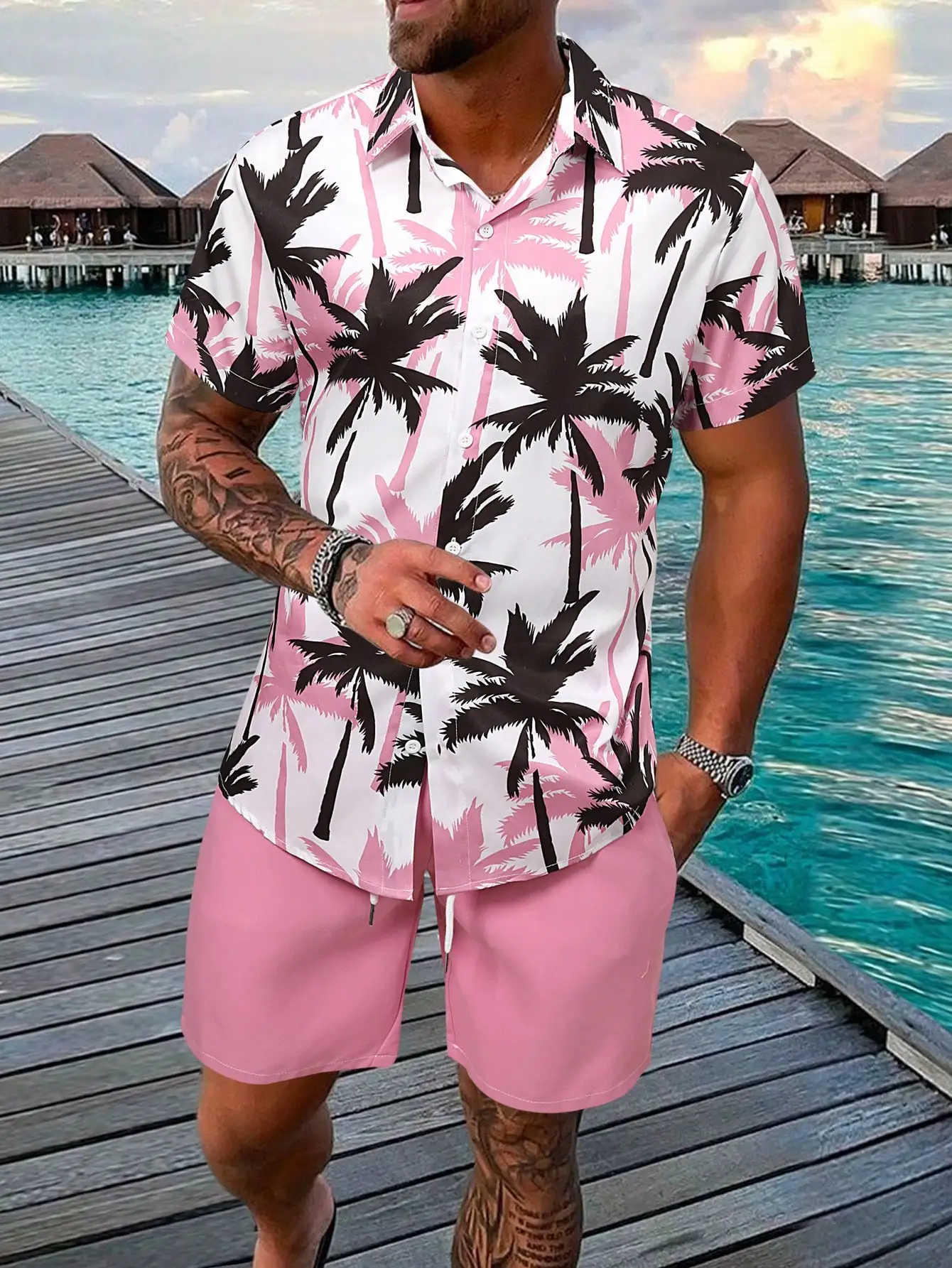 

Mens 2-Piece Casual Tropical Palm Print Shirt And Shorts Set For Vacation