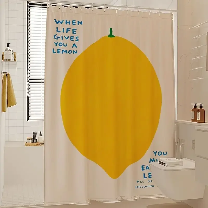 Cute Big Yellow Lemon Text Print Shower Curtain When Life Gives You A Lemon Slogan Minimalist Cartoon Fruit Waterproof Fabric Ba