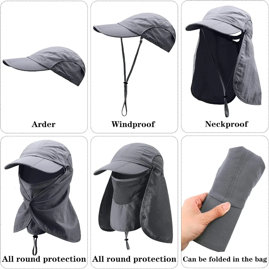 2 قطعة قبعات للحماية من الشمس للرجال والنساء بعامل حماية من الأشعة فوق البنفسجية 50+ لصيد الأسماك في الهواء الطلق والمشي لمسافات طويلة من الأشعة فوق البنفسجية مع قناع وجه قابل للإزالة للرقبة #4