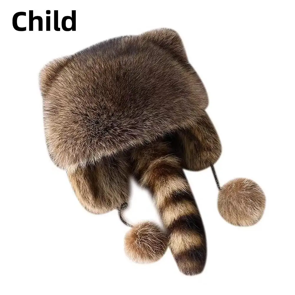 Plüsch Waschbär Pelzmütze Schwanz Frauen natürliche Waschbär Pelzmützen Hüte für Erwachsene/Kinder Winter dicke warme Ohren Mode warme Mütze – Detail 14