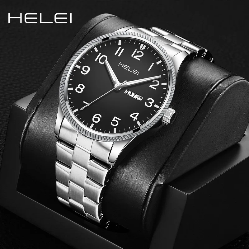 

HELEI Business Men's Personalized Waterproof Night-Light Arabic Numeral Dial Stainless Steel Strap High-End Men's Quartz Watch