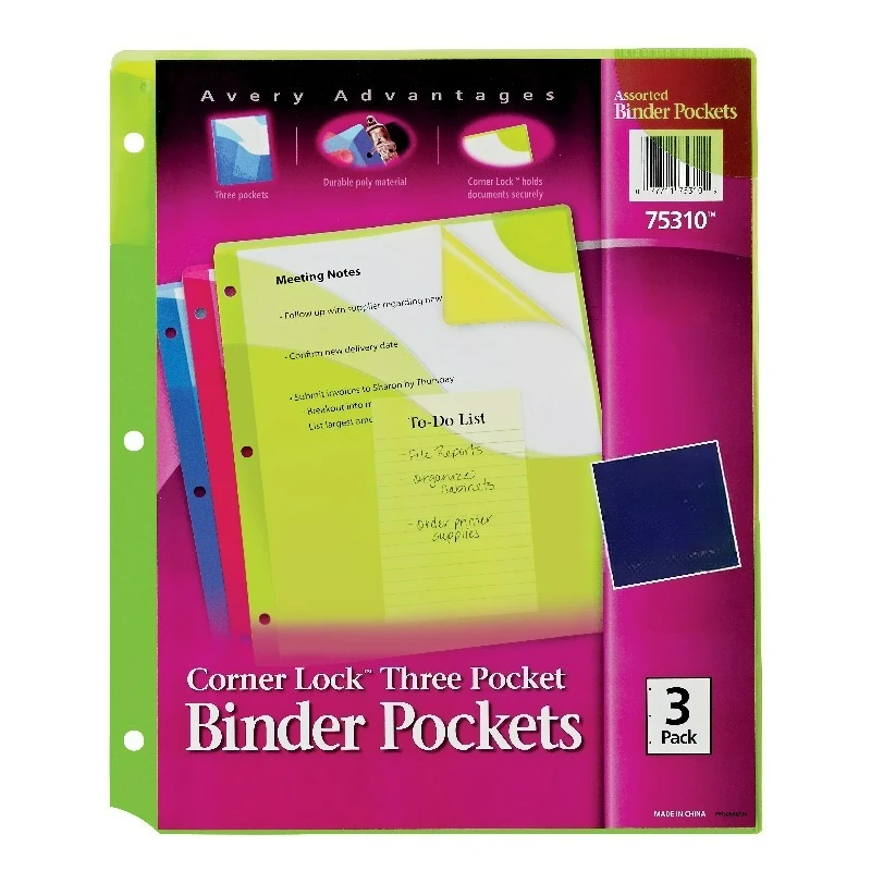 

Corner Lock 3 Pocket Binder Pockets for 3 Ring Binders, Assorted Colors (Blue, Green and Pink), Pack of 3 Binder Pockets (75310)