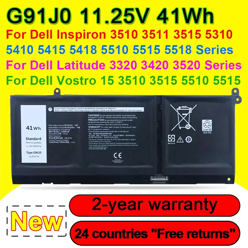 

G91J0 V6W33 For Dell Vostro Inspiron 3510 3511 3515 5310 5410 5415 5418 5510 5515 5518 Latitude 3320 3420 Series Laptop Battery