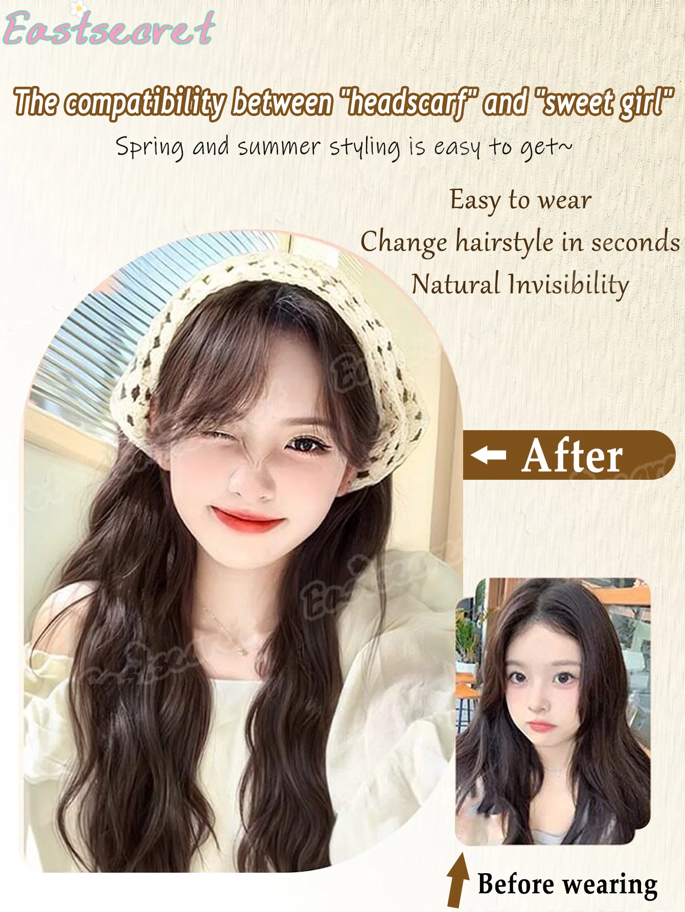 EAST Triangle Headscarf Hollow Integrated Half Head Cover Wig Headband Knitted Farmhouse Style Water wave Synthetic Wig