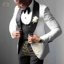 White Mens Wedding Elegant Mens Suit Green Fruit Collar Jacket Pants Vest 3 Piece Set Custom Formal Banquet Suit