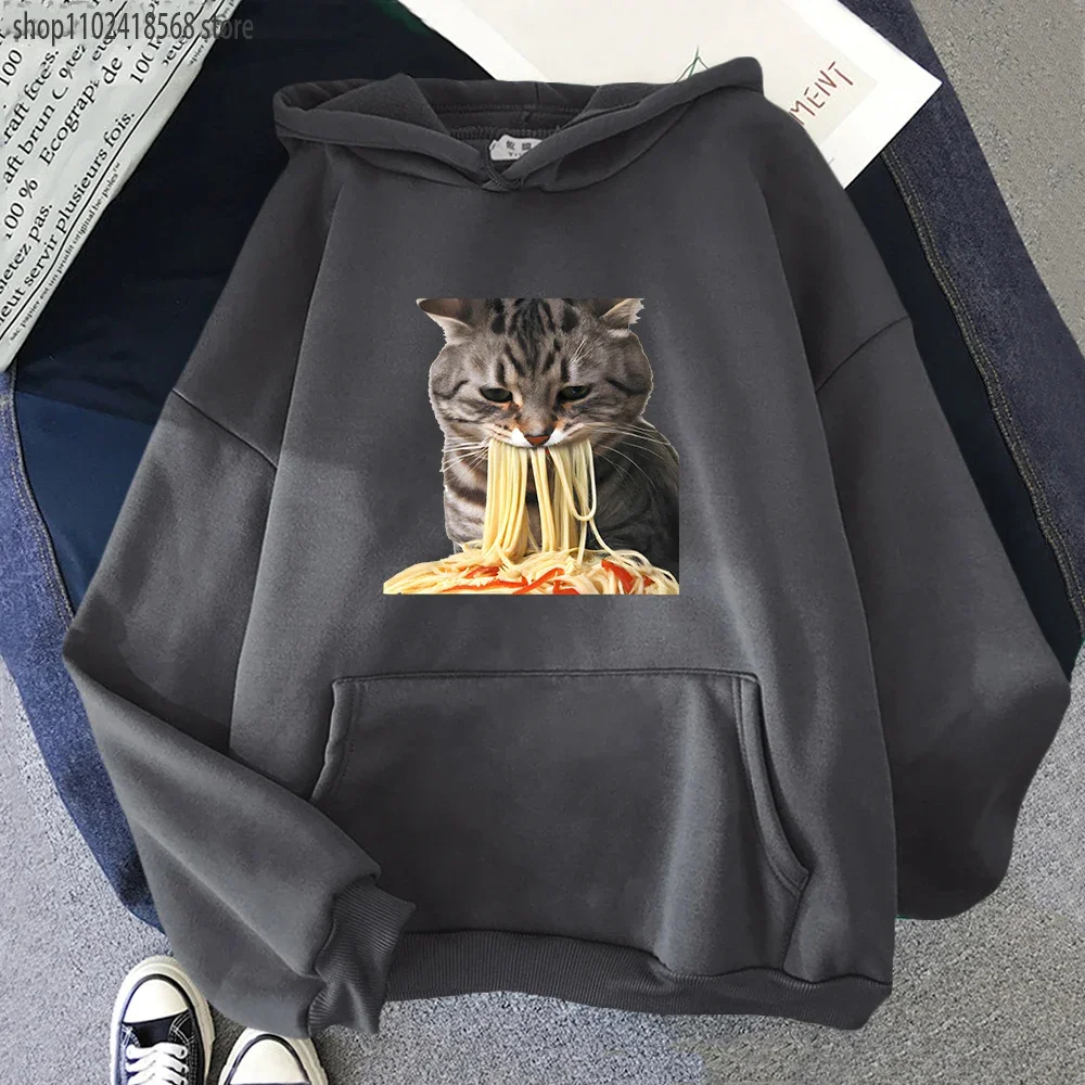 Cat Eating Spaghetti Hoodies Women Cute Graphic Sweatshirt  Y2k Clothes Harajuku Tops Kawaii Girls Streetwear Men Print Pullover