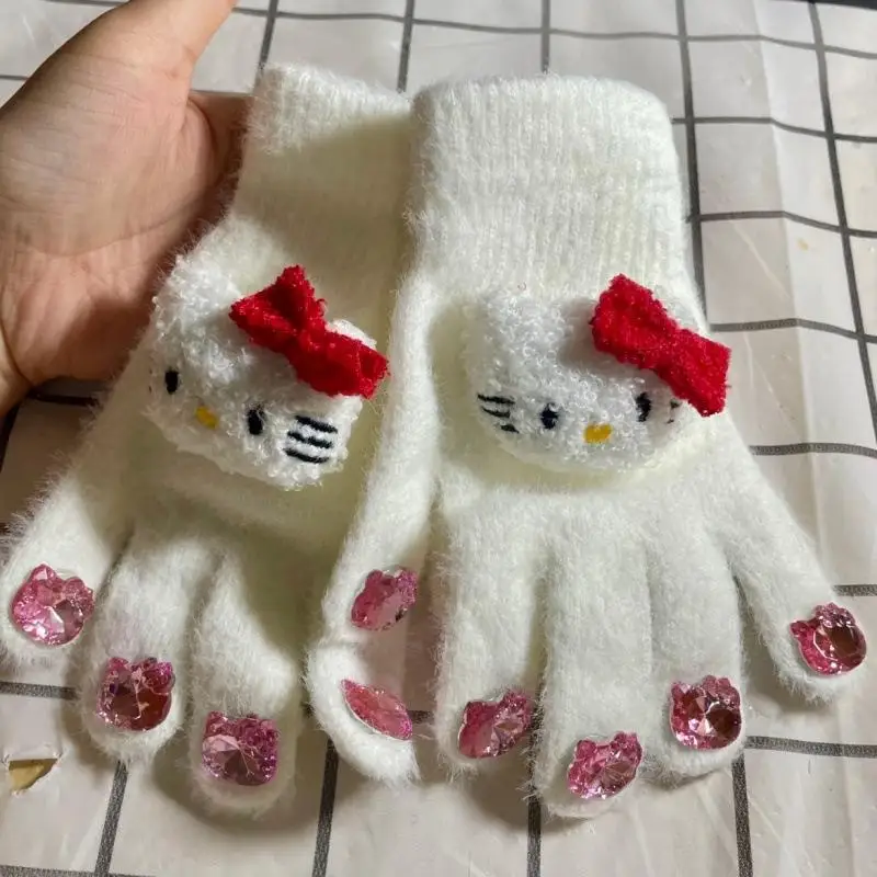 1 쌍 헬로 키티 만화 두꺼운 따뜻한 장갑 귀여운 산리오 플러시 장갑 라인스톤 장식 크리스마스 생일 선물 학생용