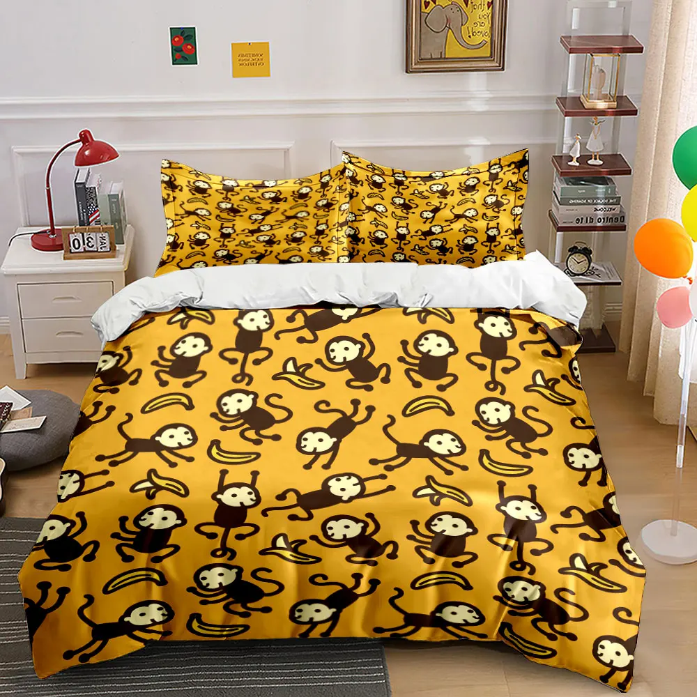 Cartoon monkeys with banana pattern Duvet Cover Set with 3D Printing Design Soft Polyester Bedding Set All-Season Comfort