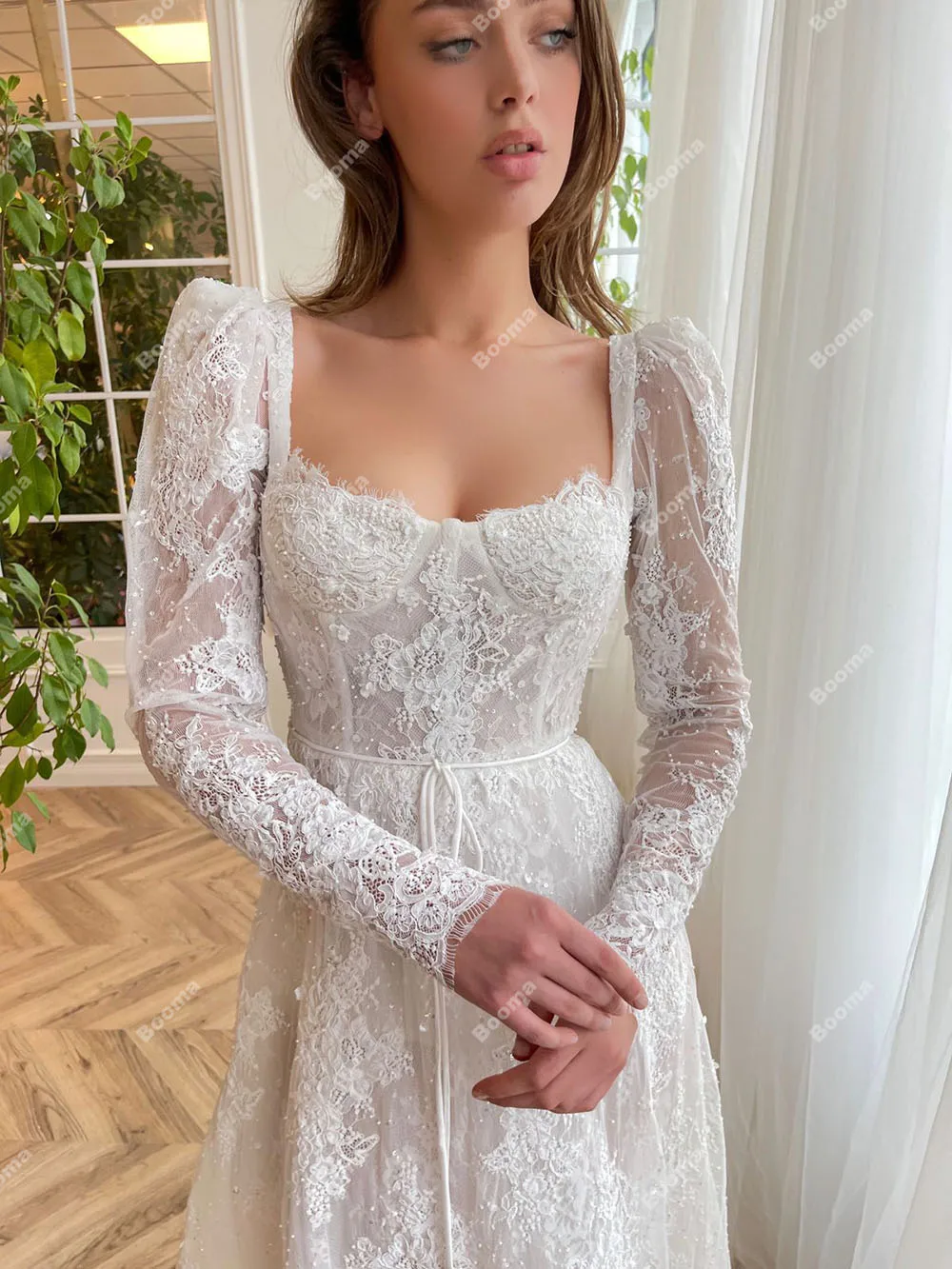 Booma White Prom Dresses Sweetheart A-Line Party Dresses Long Sleeves Formal Evening Gowns A-Line Long Bride Wedding Dresses