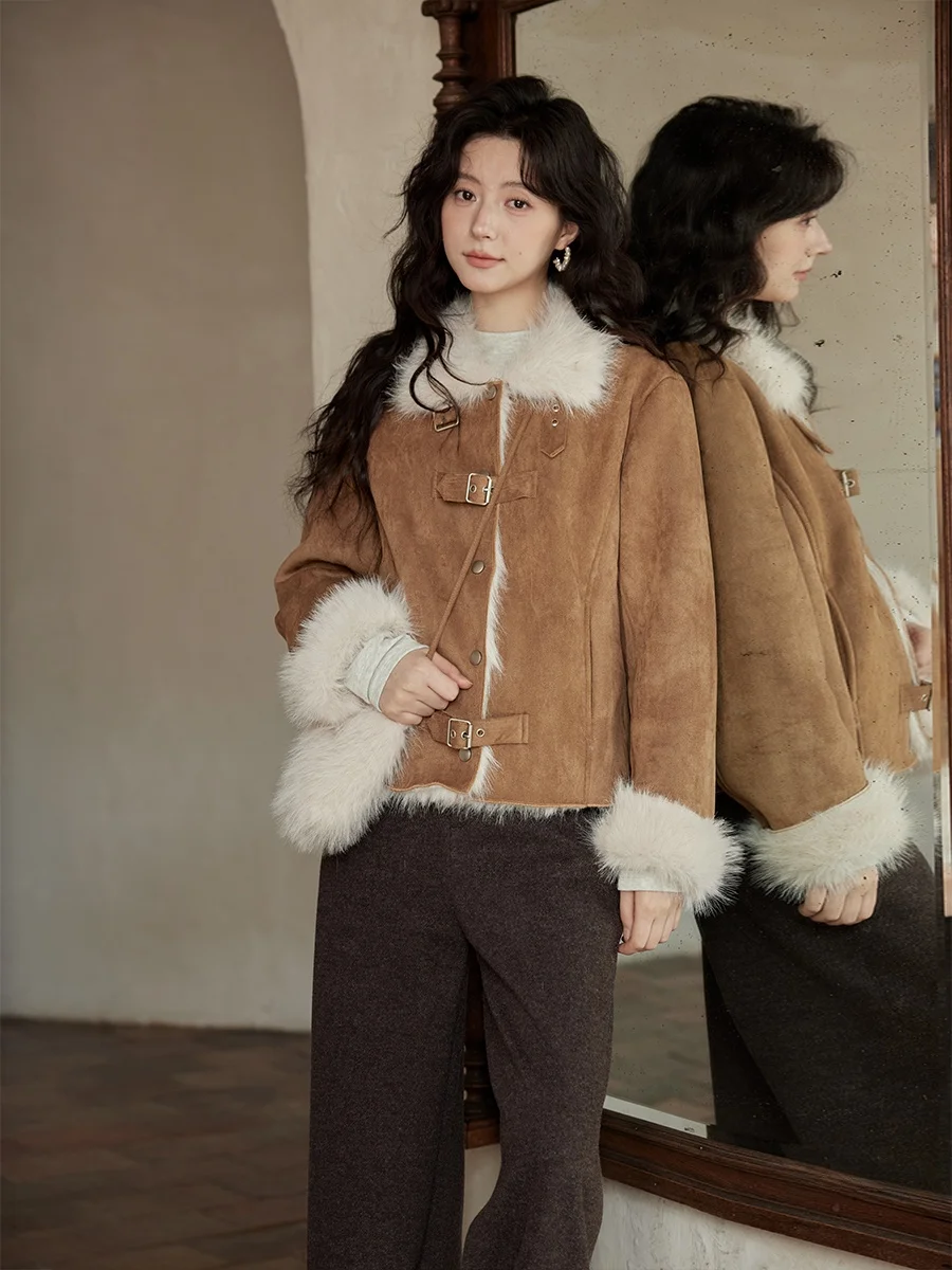 Casaco Curto Feminino Ximen 2025 de Inverno em Couro Grosso com Gola Alta e Forro de Pele, Elegante e Exclusivo, Tamanho Pequeno, Cor Café