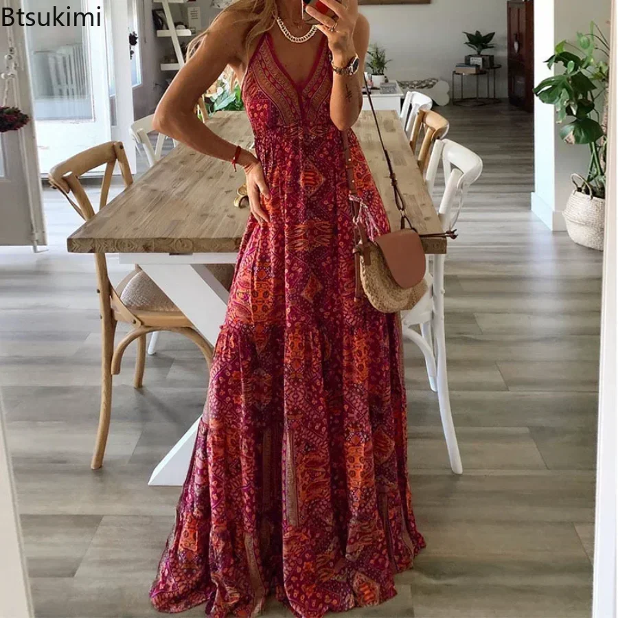 2024 abiti lunghi Boho estivi da donna eleganti abiti da festa con scollo a V Vintage stampati senza maniche Sexy Slim Maxi Beach Dress Mujer