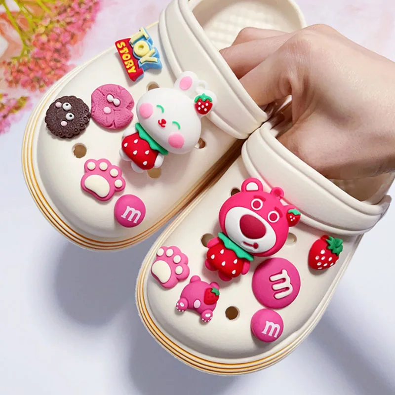 

Cute MINISO Cartoon Strawberry Bear Rabbit Shoe Charms Characters 1 Set Sandals 3D DIY Accessories Decorate Boys kids Gifts