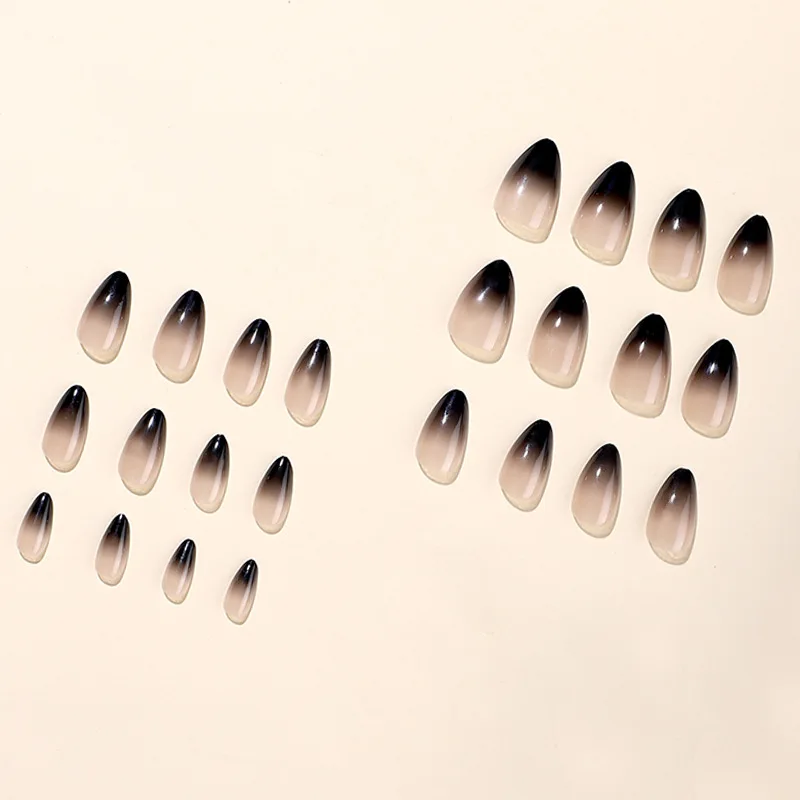 24pcs Gradient Black Pointed Nail Art Fake Nails Press On Nail Tips Artificial Nails Wearable Long Almond False Nails Finished