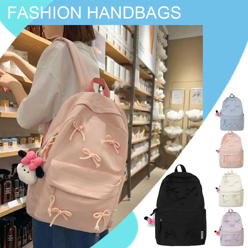 Fashion Bow Backpack Middle Shool Girls Backpack Large Capacity Teenagers  Bag Solid Color Laptop Rucksack Travel Backpack