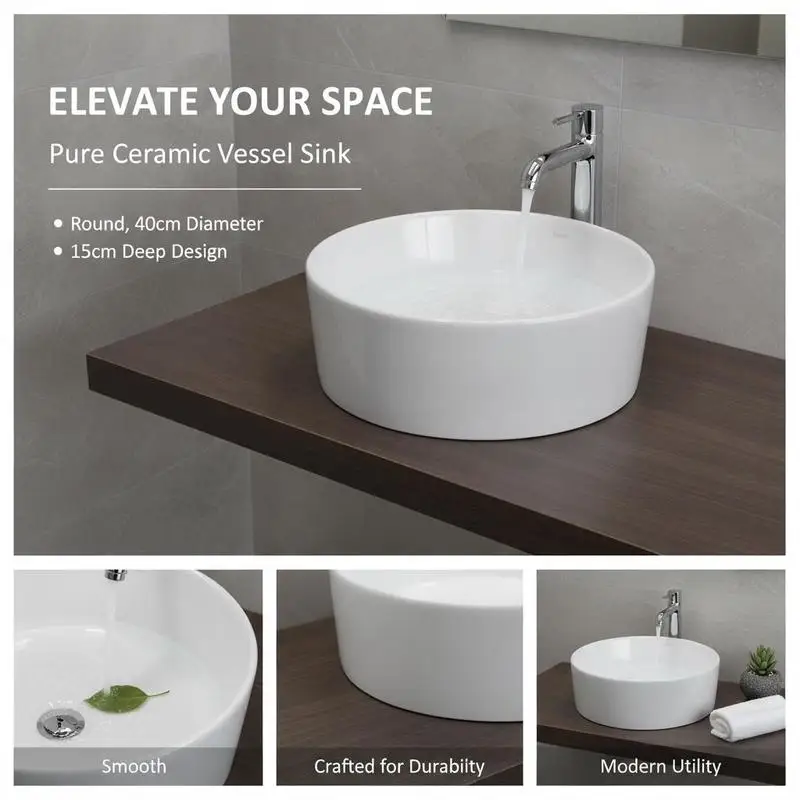 Vasque ronde à poser en céramique blanche émaillée 40×15 cm, trou de vidange 4,5 cm. Surface lisse, facile d'entretien, design minimaliste pour salle de bain, robinet et bonde non inclus.