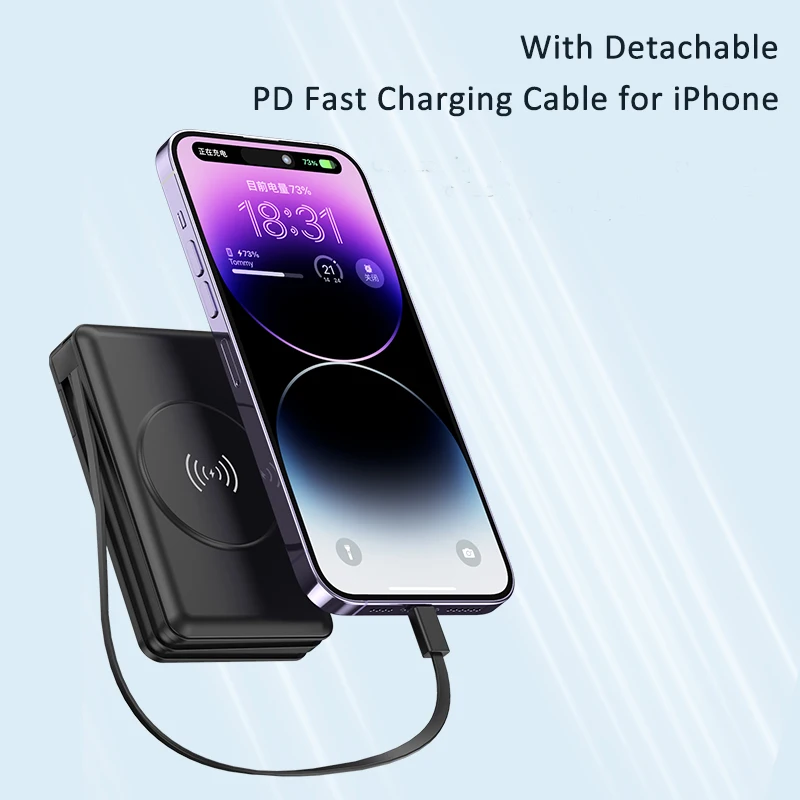 Power Bank 20000mAh Magnetic Wireless Charger Powerbank With Cable Plug for iPhone 15 Xiaomi Samsung Huawei 22.5W Fast Charging