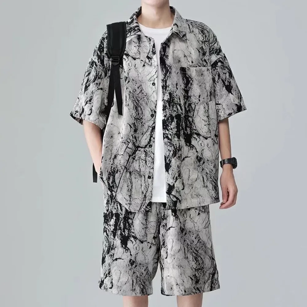 Men Sets Short Sleeve Tie-dye Printing Loose Pockets Single Breasted Wide Leg Korean Style Leisure Knee-length Breathable Summer image 3